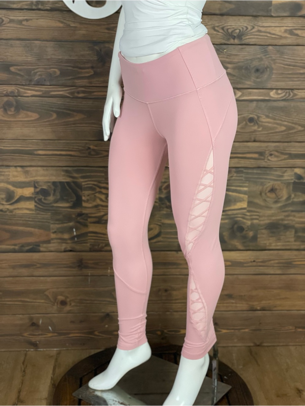 VSX Knockout Pink Lattice Lace Up Mesh Cutout Side Workout Leggings Criss Cross